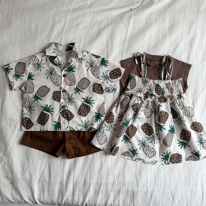 【80-150】パイナップル柄シャツ×ハーフパンツセット