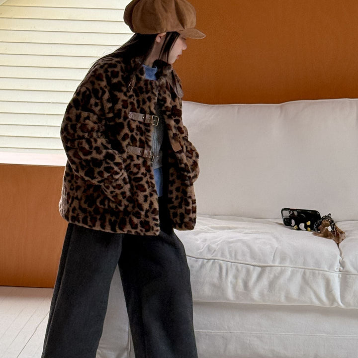 【100-150】レオパード柄スタンドカラーショートコート