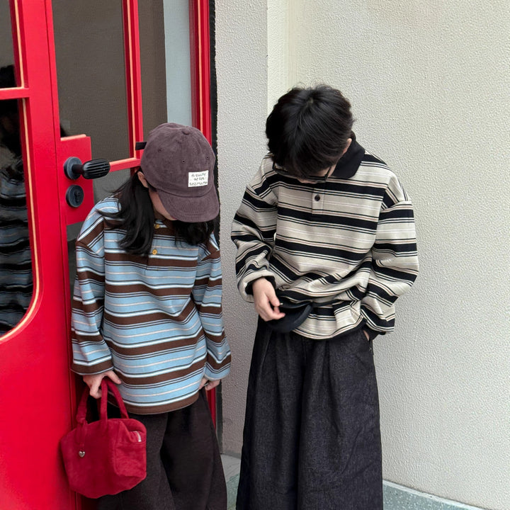 【90-150】マルチボーダー襟付き長袖ポロシャツ