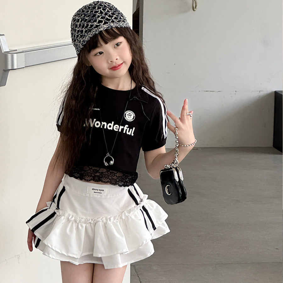 【100-150】レースヘムショート丈Tシャツ