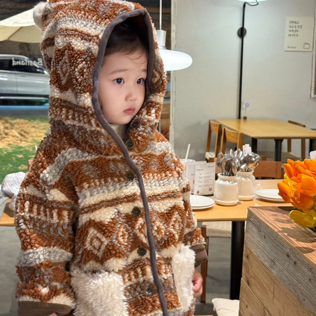 【90-140】ポンポン付きパターンプリントショートコート