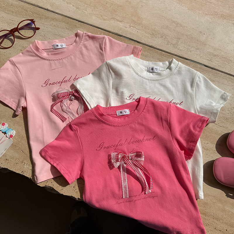 【90-150】レース＆チェック柄リボンTシャツ