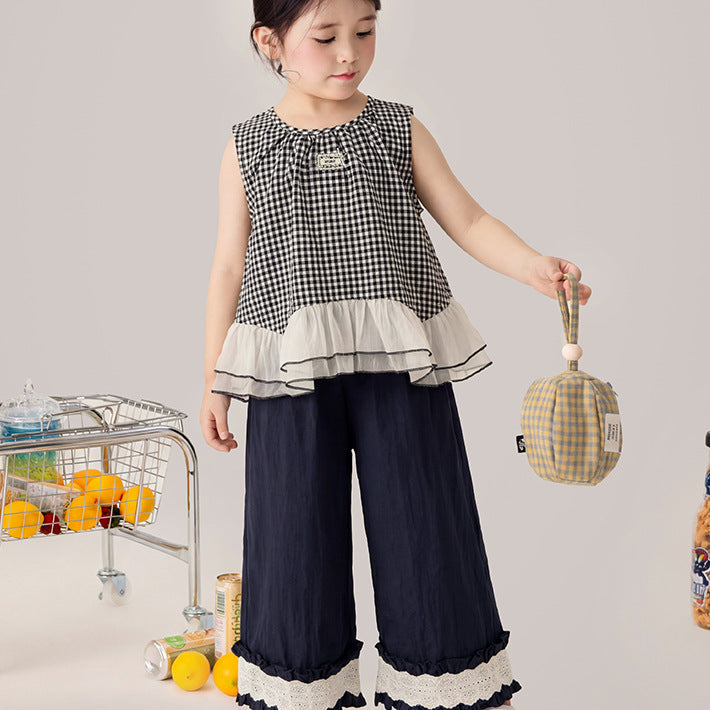 【90-150】フリルヘムチェック柄ノースリーブ