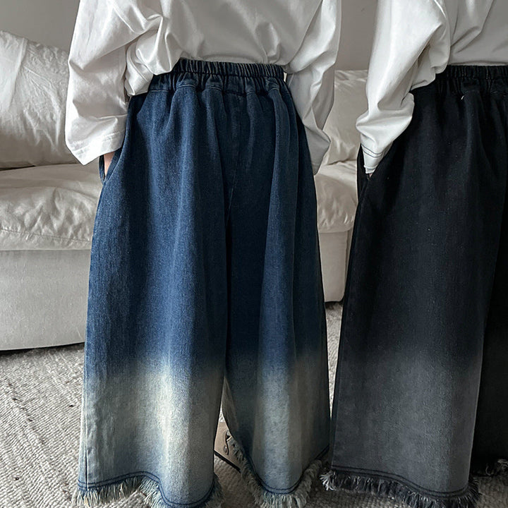 【80-140】カットオフデザインワイドデニムパンツ
