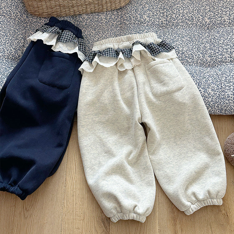 【90-150】チェックレイヤード風ロングパンツ