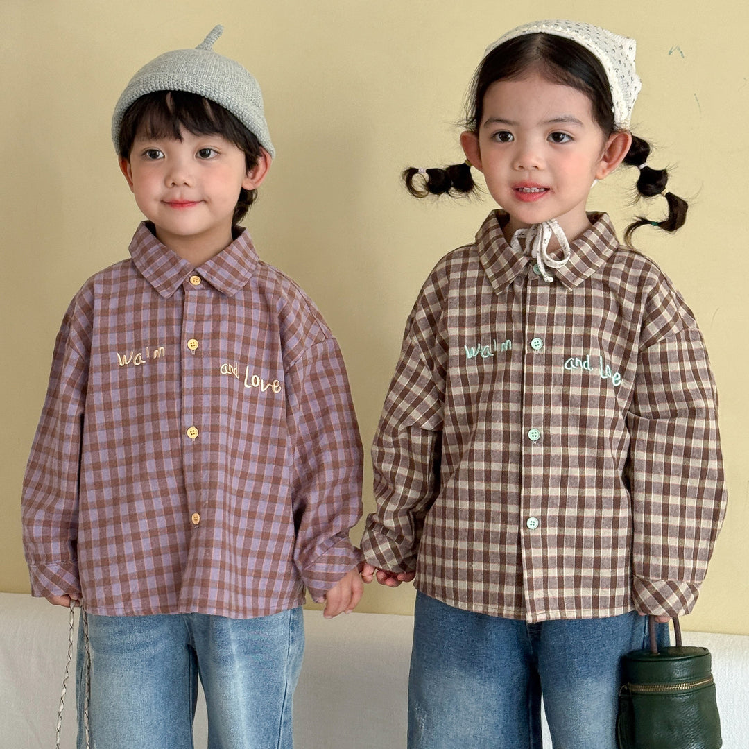 【80-150】ロゴ刺繍チェック柄シャツ