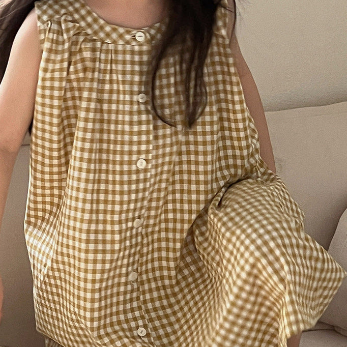 【90-150】ギンガムチェックノースリーブシャツワンピース