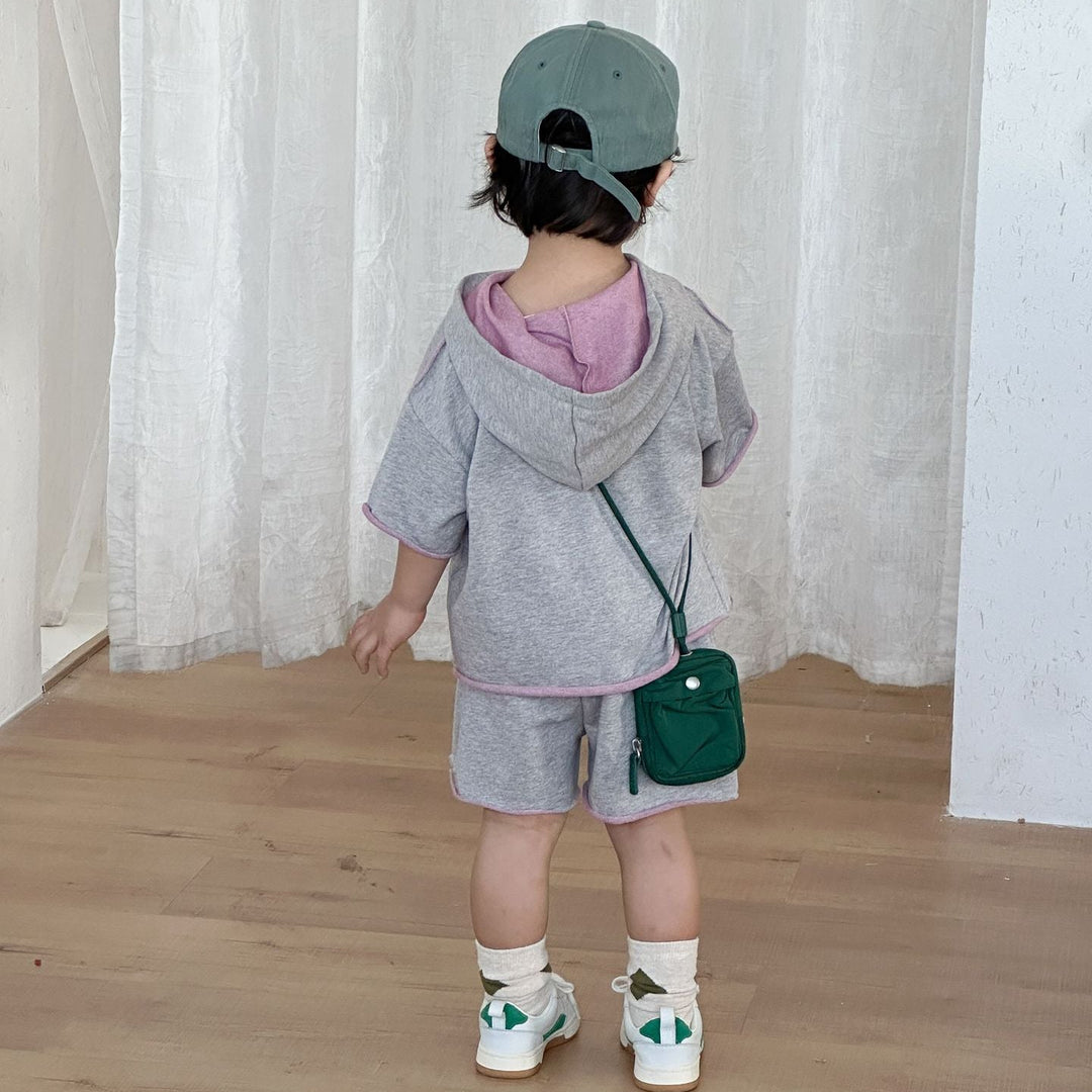 【80-150】ハーフボタンフーディートップス×ハーフパンツセット