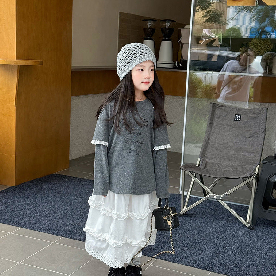 【90-150】レース＆ラメデザイン長袖トップス