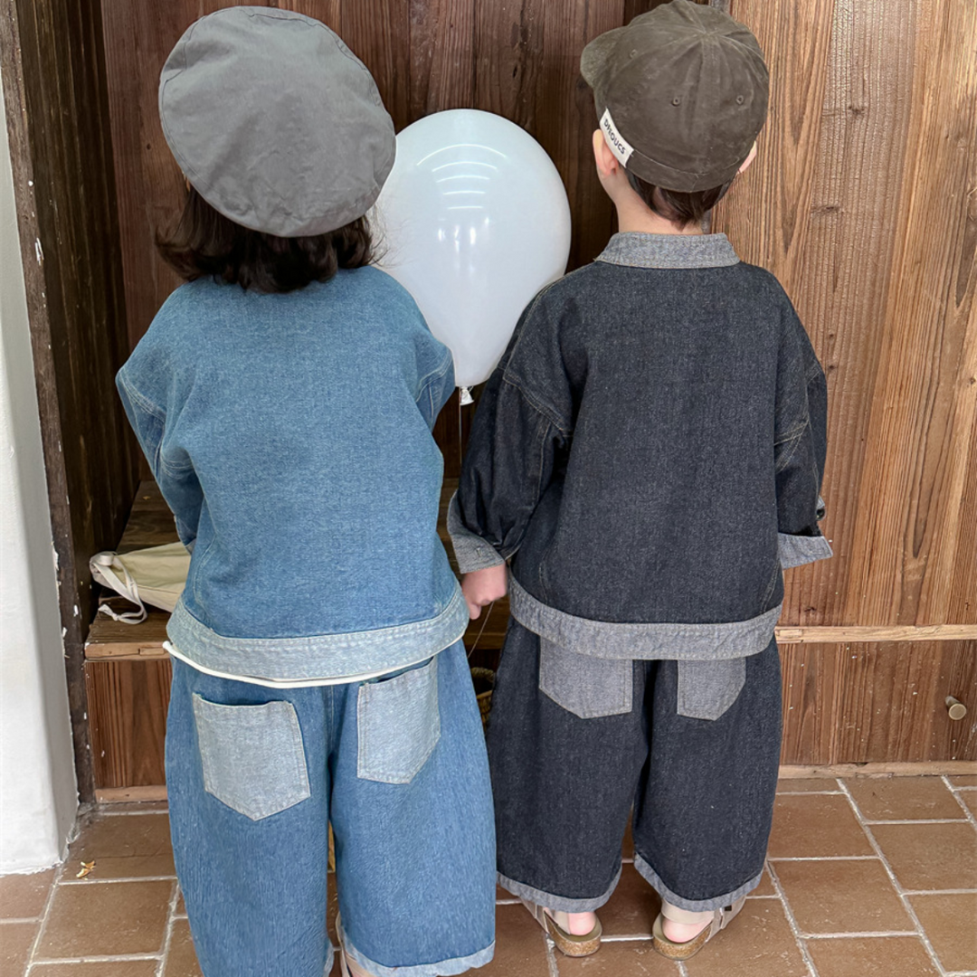 【80-140】スタンドカラー前開きデニムセットアップ