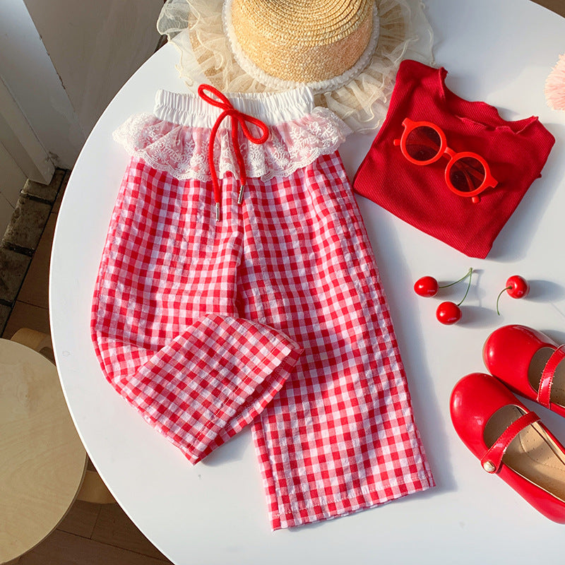 【90-150】ウエストレースギンガムチェックパンツ