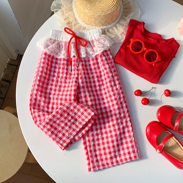 【90-150】ウエストレースギンガムチェックパンツ