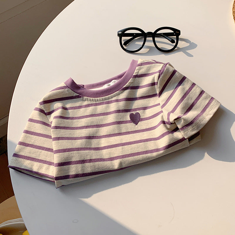 【90-150】ボーダー柄ワンポイントハートTシャツ