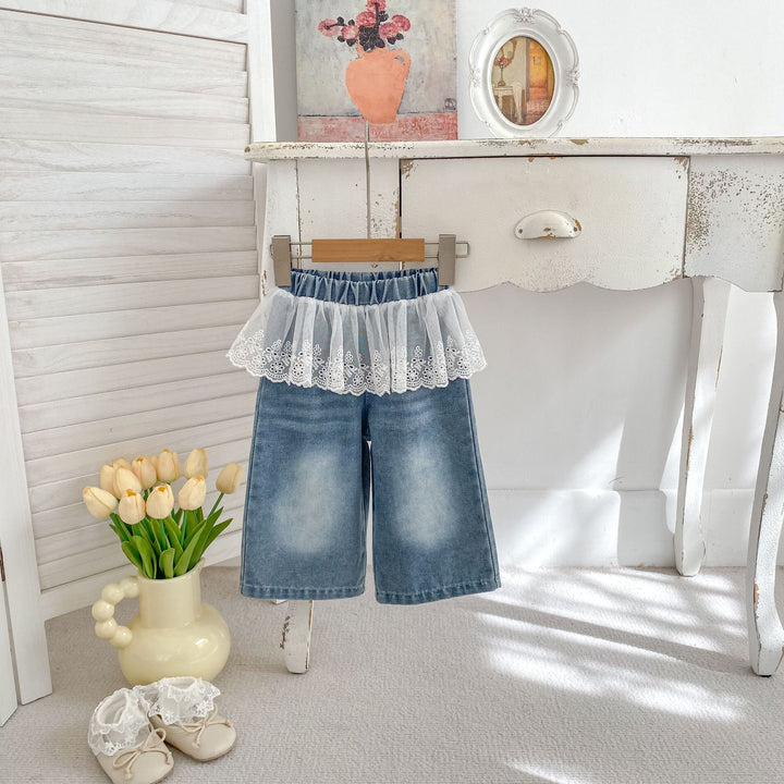 【73-120】レースレイヤード風ワイドデニムパンツ