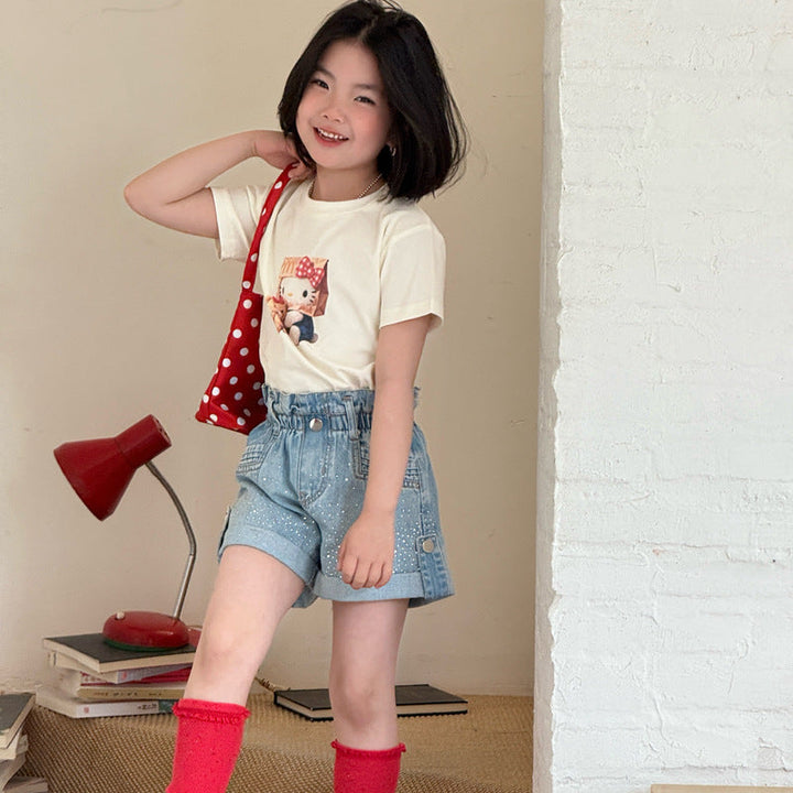 【120-150】ウエストギャザーラインストーンデニムショートパンツ