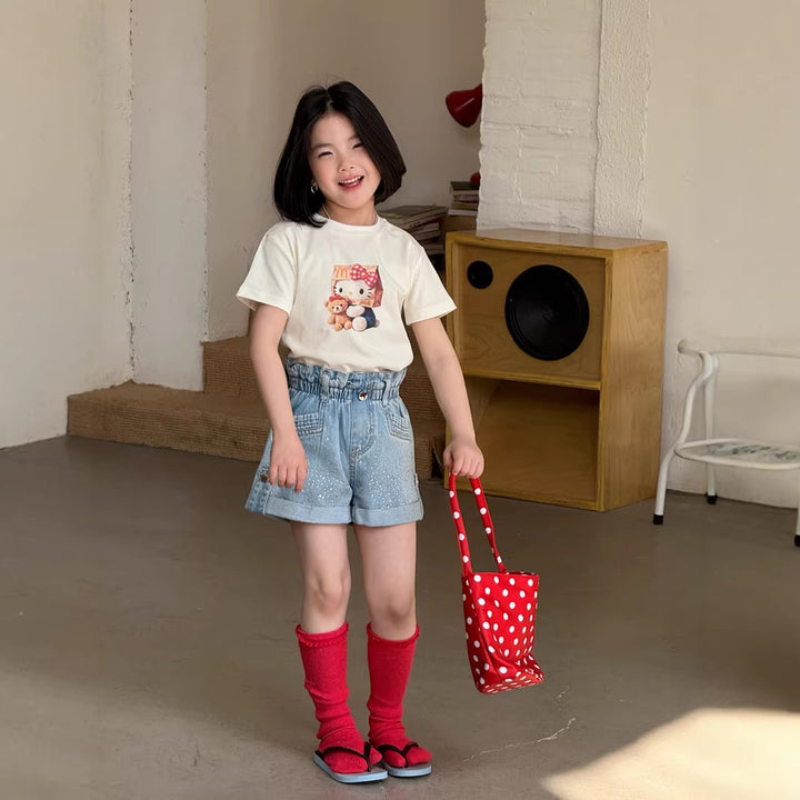 【120-150】ウエストギャザーラインストーンデニムショートパンツ
