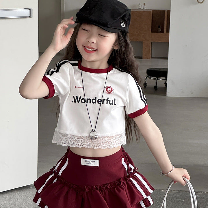 【100-150】レースヘムショート丈Tシャツ