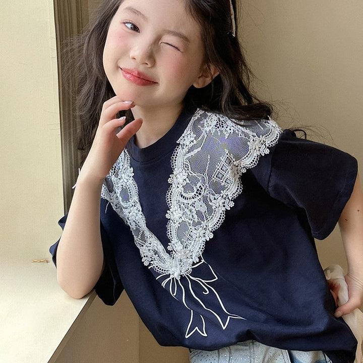 【120-150】レース＆リボンデザインTシャツ