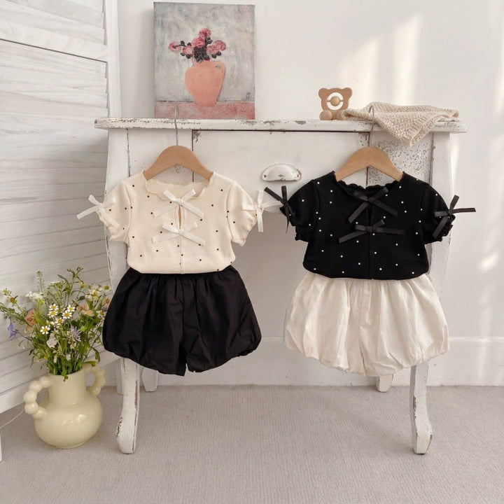 【73-120】ドット＆リボンデザインTシャツ×ショートパンツセット