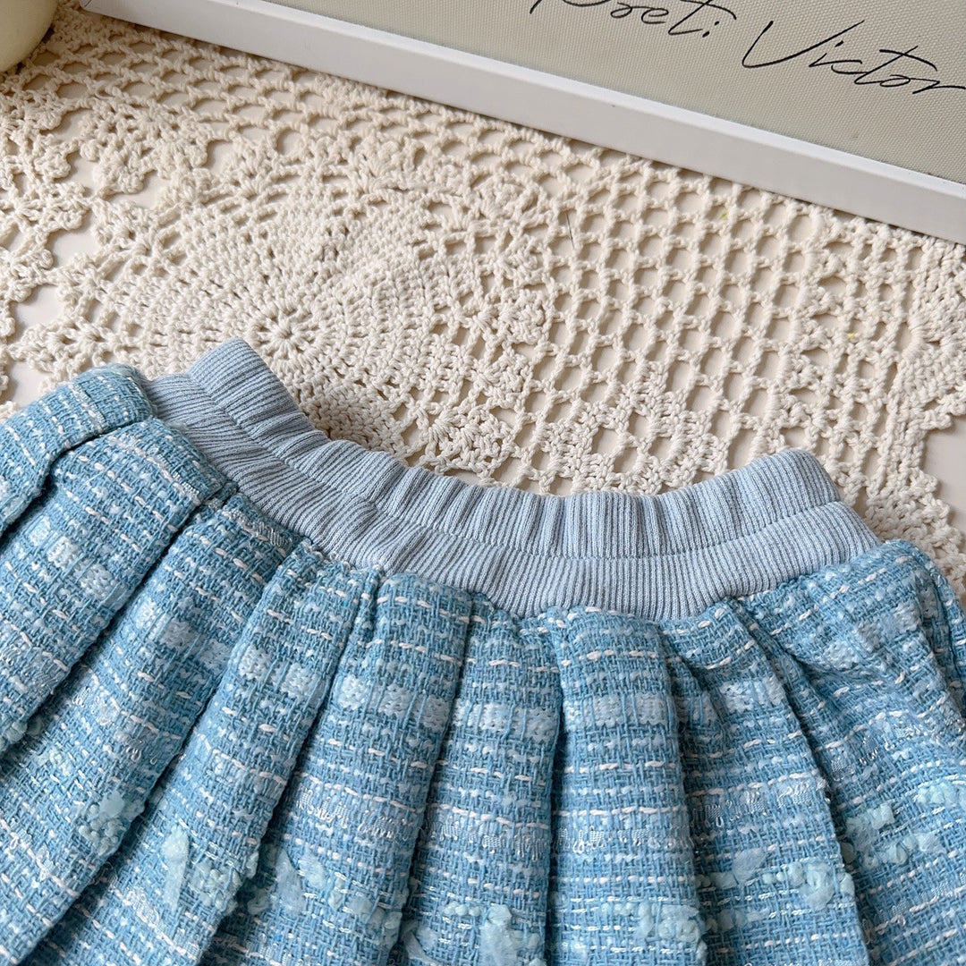 【90-140】肩フリルブラウス×ベスト×プリーツスカートセット