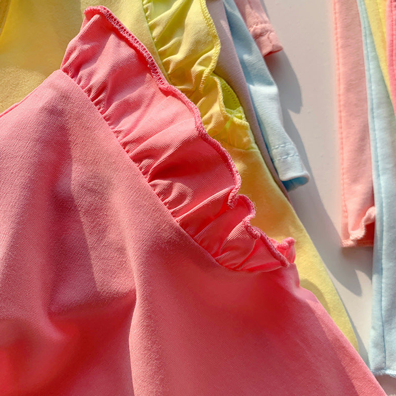 【90-140】ショルダーフリルノースリーブ×フレアパンツセット