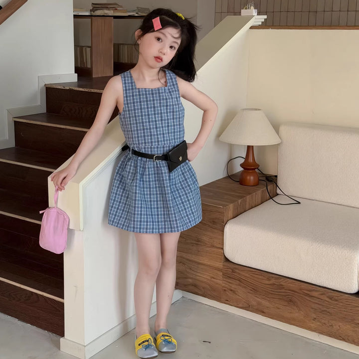 【100-150】チェック柄ノースリーブミニワンピース