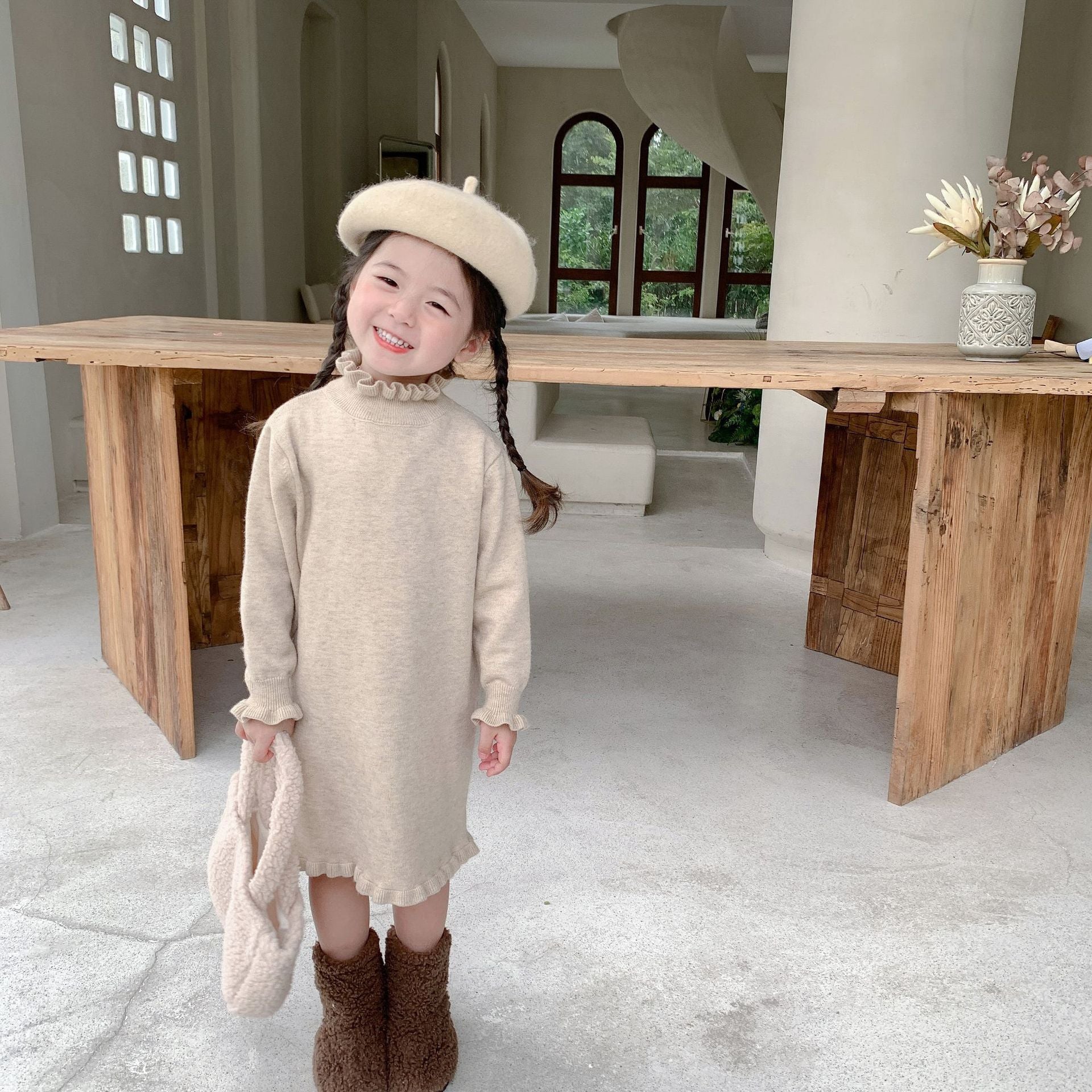 フリルデザインニットワンピース スーパービューティー♡ 秋冬襟ぐり