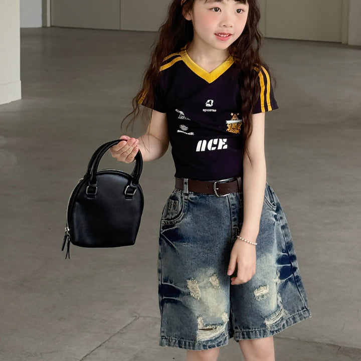 【100-150】ダメージ加工風ベルト付きハーフデニムパンツ