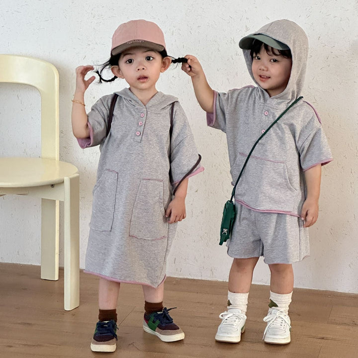 【80-150】ハーフボタンフーディートップス×ハーフパンツセット