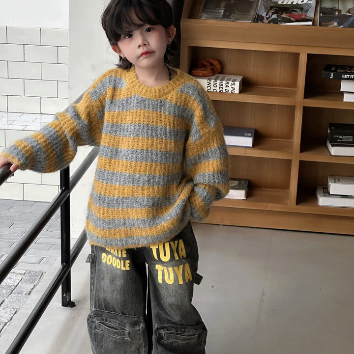 【90-150】ボーダー柄ニットプルオーバー