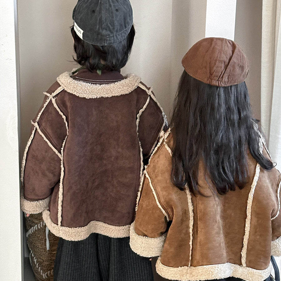 【80-140】ノーカラーフェイクムートンジャケット