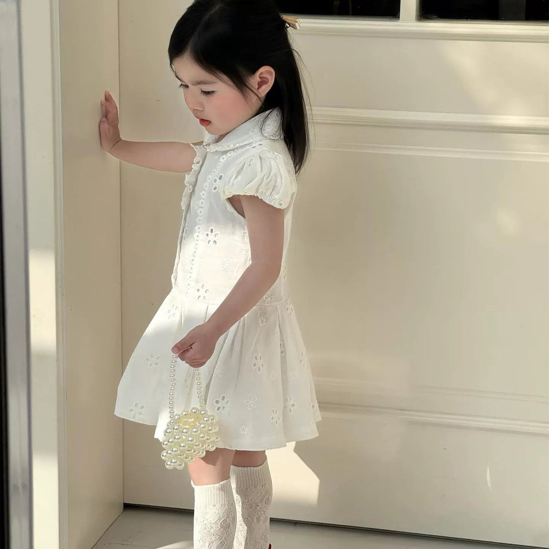 【90-140】パフスリーブ刺繍デザインワンピース