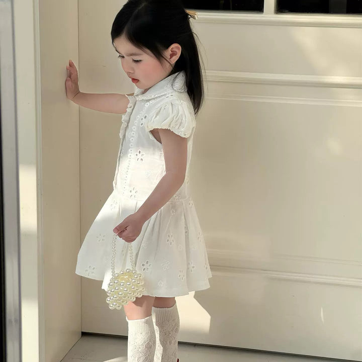 【90-140】パフスリーブ刺繍デザインワンピース