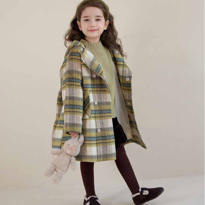【90-130】とんがり帽子チェック柄ミドルコート