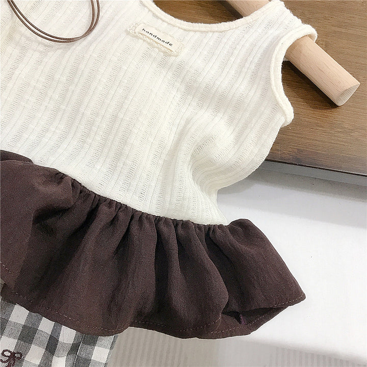 【90-140】フリルヘムトップス×チェック柄ロングパンツセット