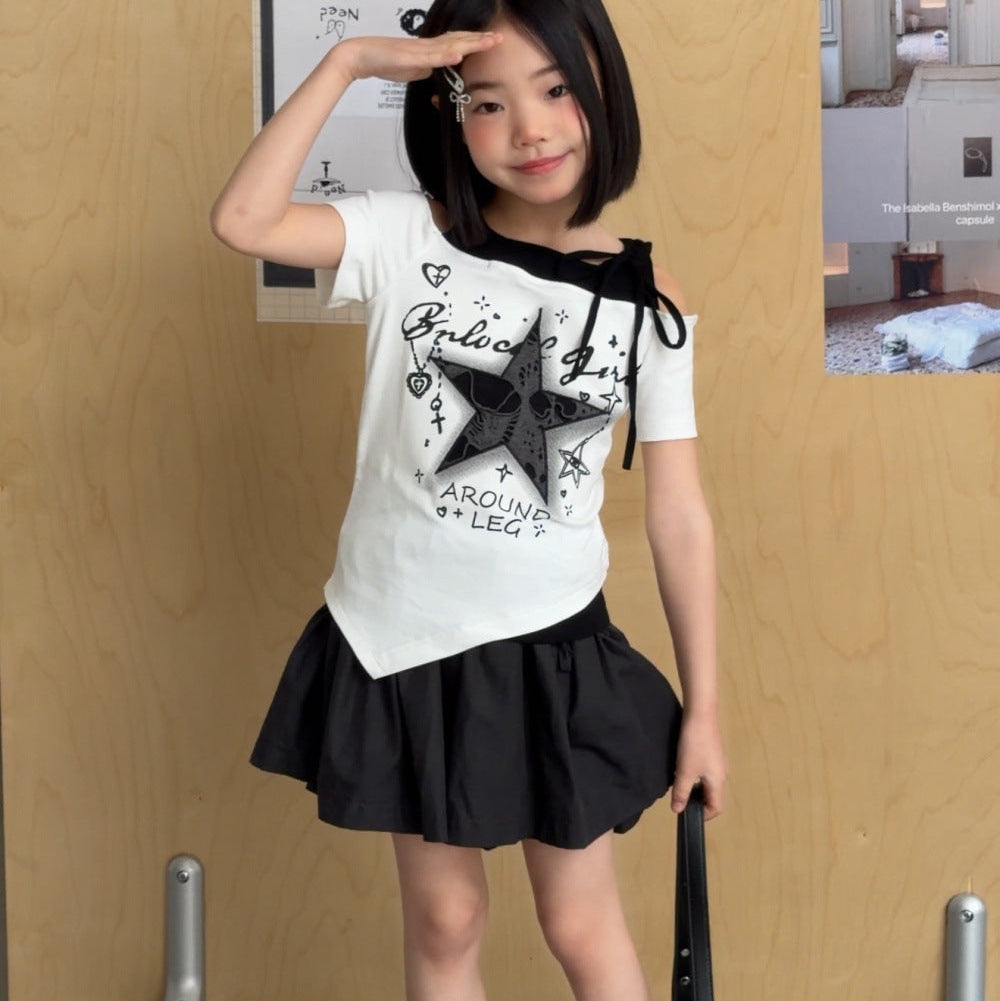 【100-150】レイヤード風アシンメトリーヘムTシャツ