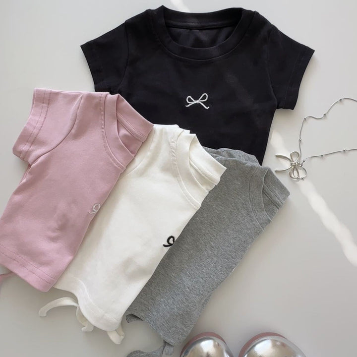 【90-140】フロントリボンバックオープンTシャツ