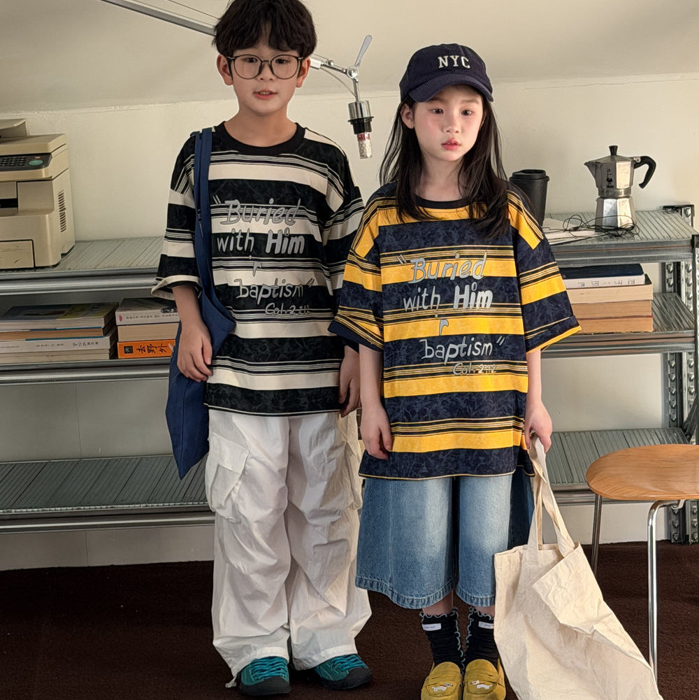 【100-150】英字ロゴデザインボーダー柄Tシャツ