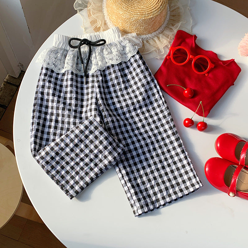 【90-150】ウエストレースギンガムチェックパンツ