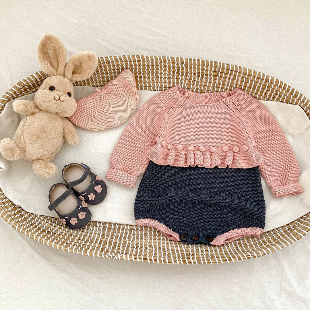 【73-90】バイカラーウエストフリルニットロンパース