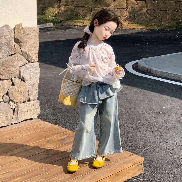 【90-140】レイヤード風ワイドデニムパンツ