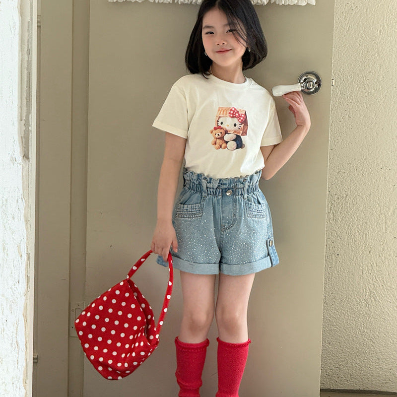 【120-150】ウエストギャザーラインストーンデニムショートパンツ