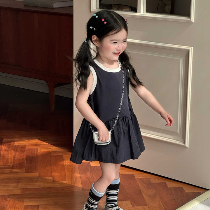 【90-140】デザイン切替バイカラーノースリワンピース