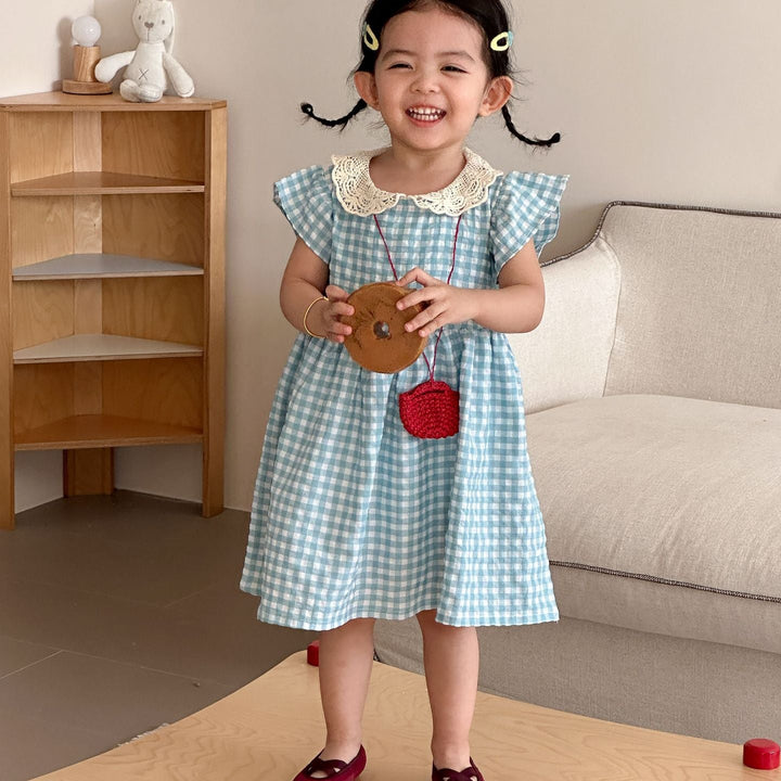 【80-150】レースカラーギンガムチェックワンピース