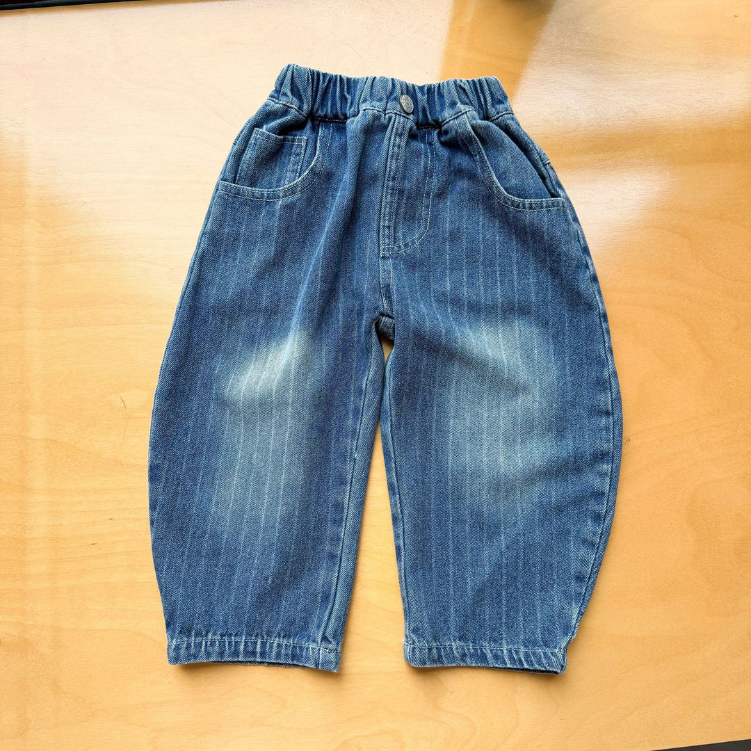【80-150】ストライプ柄カーブデニムパンツ