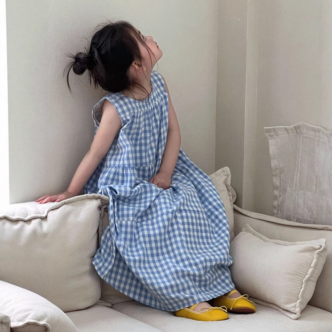 【90-150】ギンガムチェックマキシ丈ワンピース