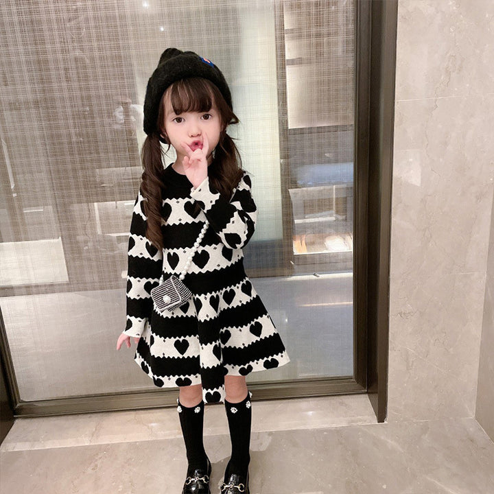 【90-140】ハート柄ニットフレアワンピース