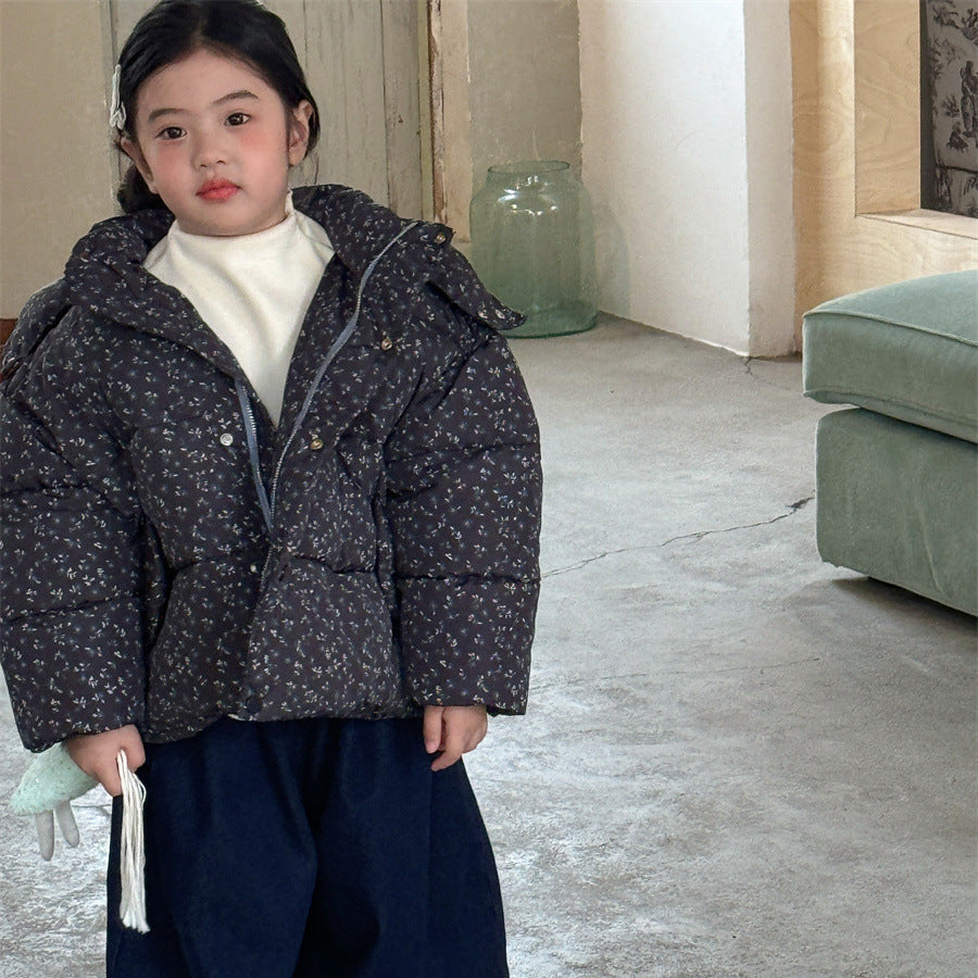 【90-140】フード付き小花柄中綿ジャケット