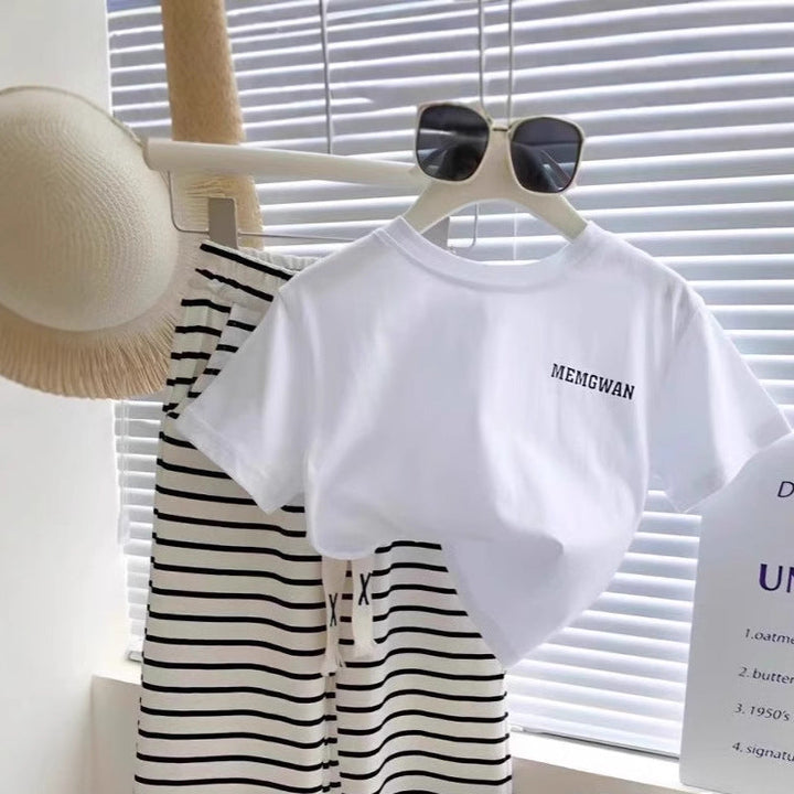 【90-140】シンプルTシャツ×ボーダー柄ワイドパンツセット