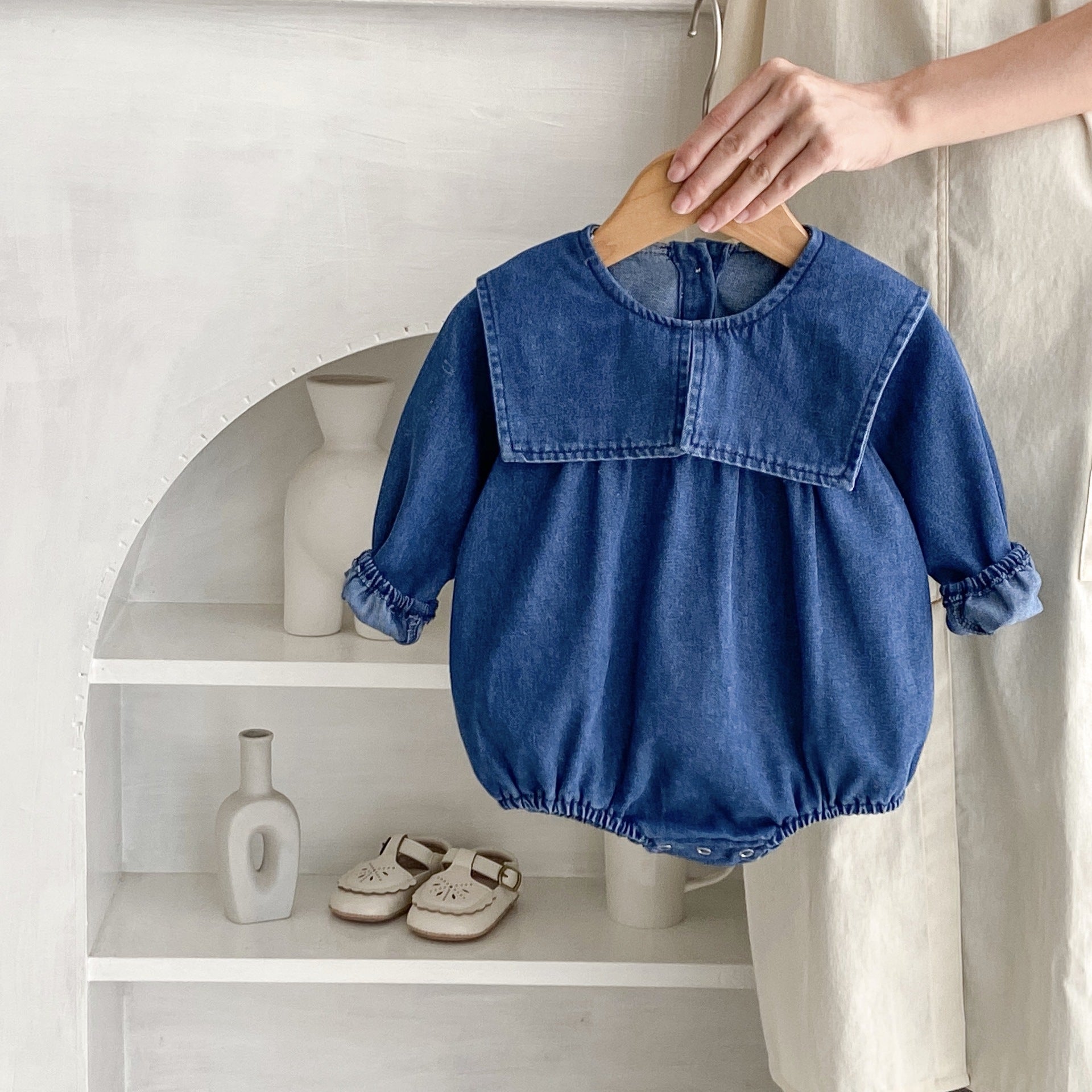 73-130】ビッグカラーデニムロンパース・ワンピース｜ELMO-こども服